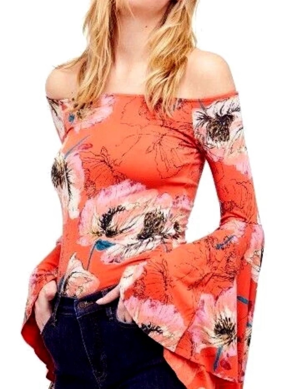Free People Birds of Paradise Off-Shoulder Floral Bell-Sleeve Top size M.